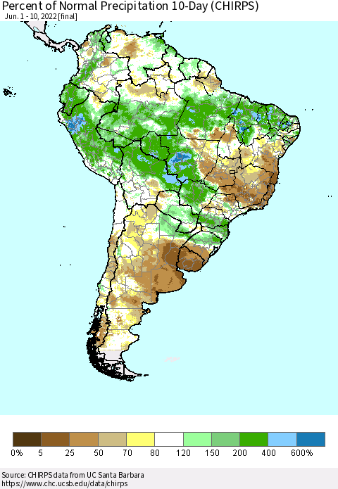 South America Percent of Normal Precipitation 10-Day (CHIRPS) Thematic Map For 6/1/2022 - 6/10/2022