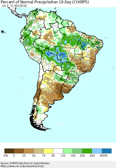 South America Percent of Normal Precipitation 10-Day (CHIRPS) Thematic Map For 6/6/2022 - 6/15/2022