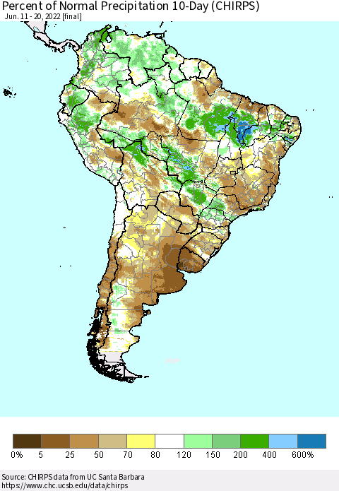 South America Percent of Normal Precipitation 10-Day (CHIRPS) Thematic Map For 6/11/2022 - 6/20/2022