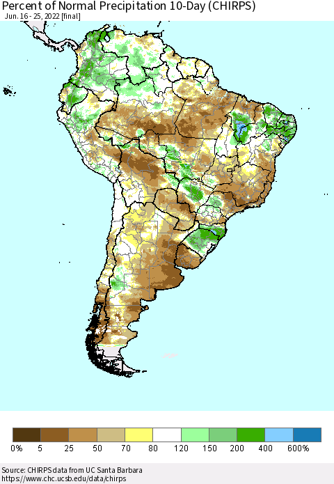 South America Percent of Normal Precipitation 10-Day (CHIRPS) Thematic Map For 6/16/2022 - 6/25/2022