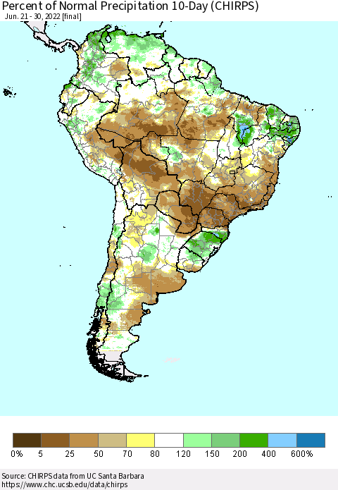 South America Percent of Normal Precipitation 10-Day (CHIRPS) Thematic Map For 6/21/2022 - 6/30/2022