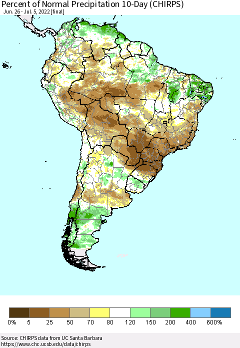 South America Percent of Normal Precipitation 10-Day (CHIRPS) Thematic Map For 6/26/2022 - 7/5/2022