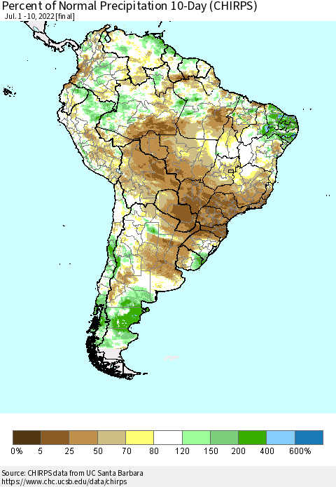 South America Percent of Normal Precipitation 10-Day (CHIRPS) Thematic Map For 7/1/2022 - 7/10/2022