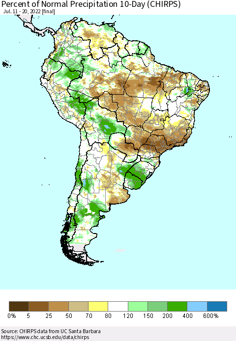 South America Percent of Normal Precipitation 10-Day (CHIRPS) Thematic Map For 7/11/2022 - 7/20/2022