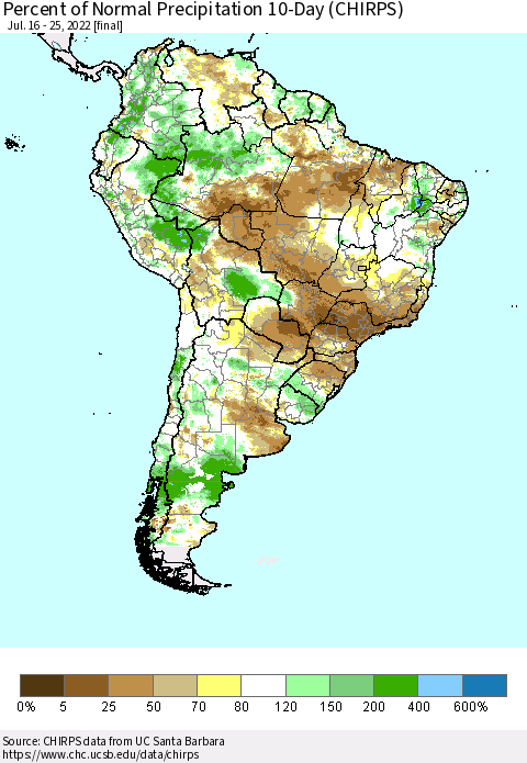 South America Percent of Normal Precipitation 10-Day (CHIRPS) Thematic Map For 7/16/2022 - 7/25/2022
