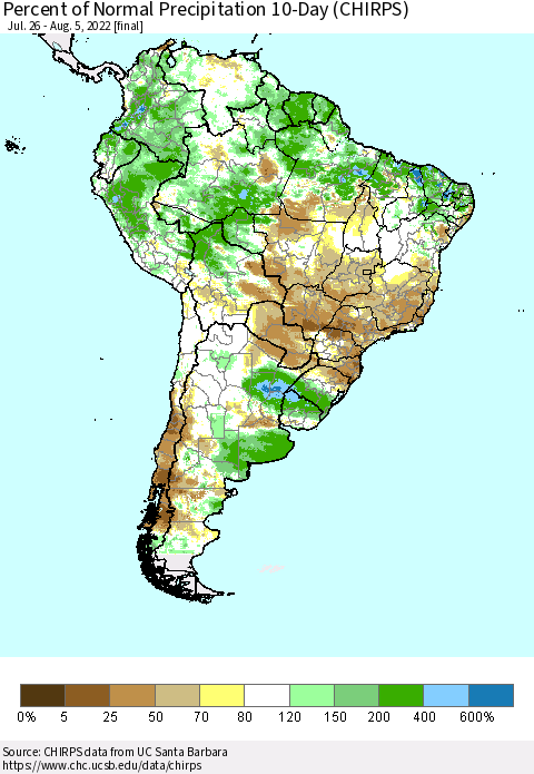 South America Percent of Normal Precipitation 10-Day (CHIRPS) Thematic Map For 7/26/2022 - 8/5/2022