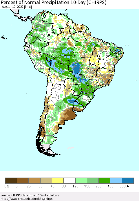 South America Percent of Normal Precipitation 10-Day (CHIRPS) Thematic Map For 8/1/2022 - 8/10/2022