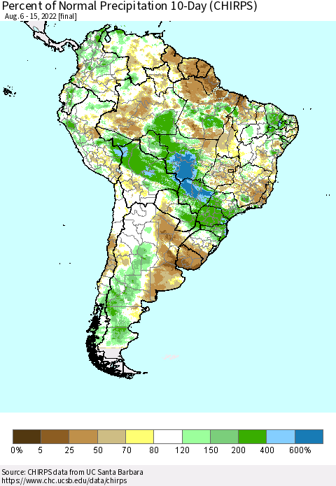 South America Percent of Normal Precipitation 10-Day (CHIRPS) Thematic Map For 8/6/2022 - 8/15/2022