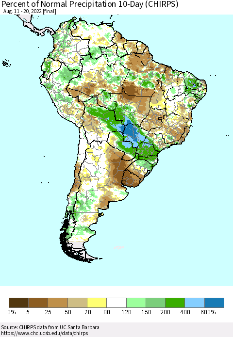 South America Percent of Normal Precipitation 10-Day (CHIRPS) Thematic Map For 8/11/2022 - 8/20/2022