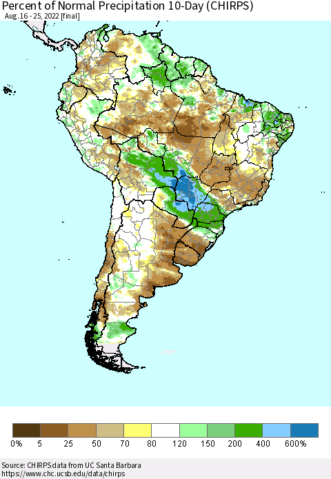 South America Percent of Normal Precipitation 10-Day (CHIRPS) Thematic Map For 8/16/2022 - 8/25/2022