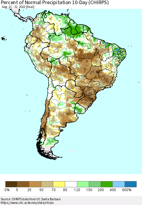 South America Percent of Normal Precipitation 10-Day (CHIRPS) Thematic Map For 8/21/2022 - 8/31/2022