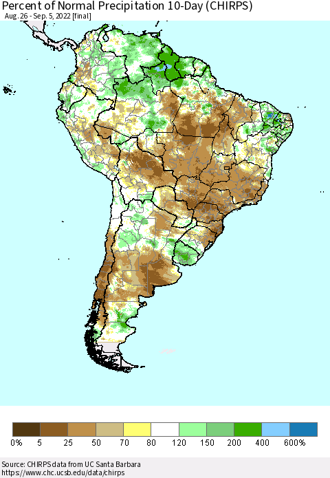South America Percent of Normal Precipitation 10-Day (CHIRPS) Thematic Map For 8/26/2022 - 9/5/2022