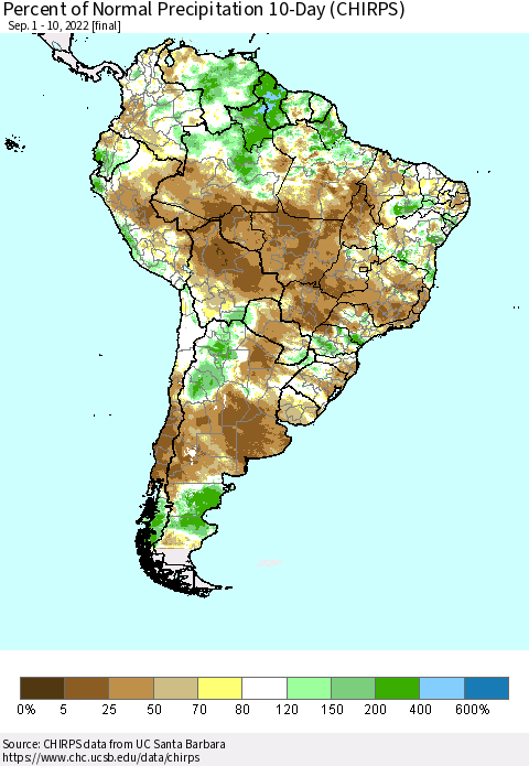 South America Percent of Normal Precipitation 10-Day (CHIRPS) Thematic Map For 9/1/2022 - 9/10/2022