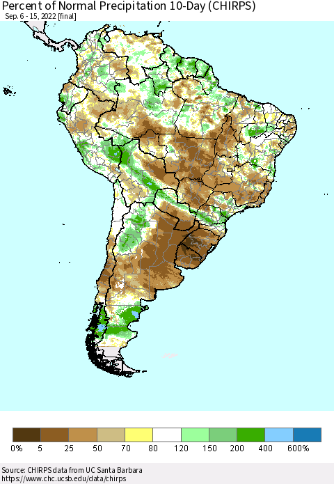 South America Percent of Normal Precipitation 10-Day (CHIRPS) Thematic Map For 9/6/2022 - 9/15/2022