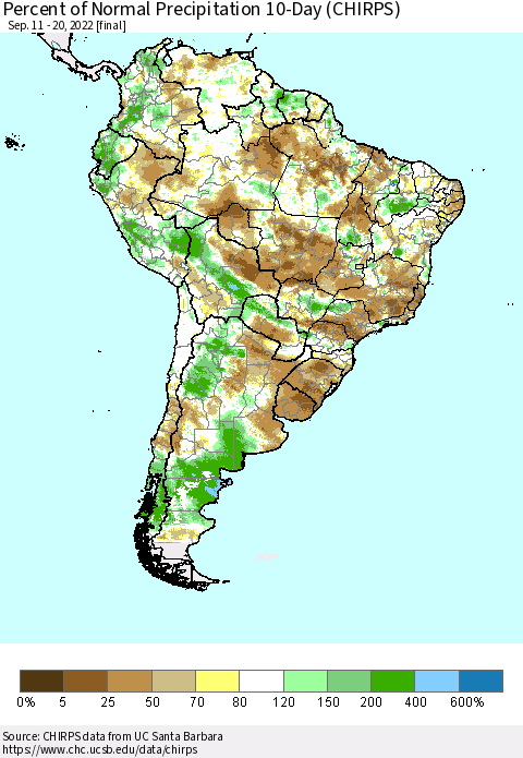 South America Percent of Normal Precipitation 10-Day (CHIRPS) Thematic Map For 9/11/2022 - 9/20/2022