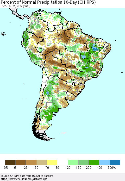 South America Percent of Normal Precipitation 10-Day (CHIRPS) Thematic Map For 9/16/2022 - 9/25/2022