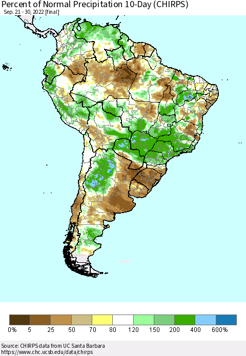 South America Percent of Normal Precipitation 10-Day (CHIRPS) Thematic Map For 9/21/2022 - 9/30/2022