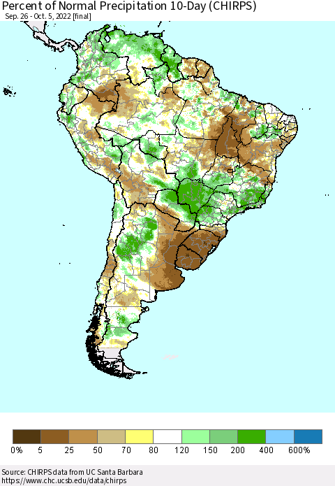 South America Percent of Normal Precipitation 10-Day (CHIRPS) Thematic Map For 9/26/2022 - 10/5/2022
