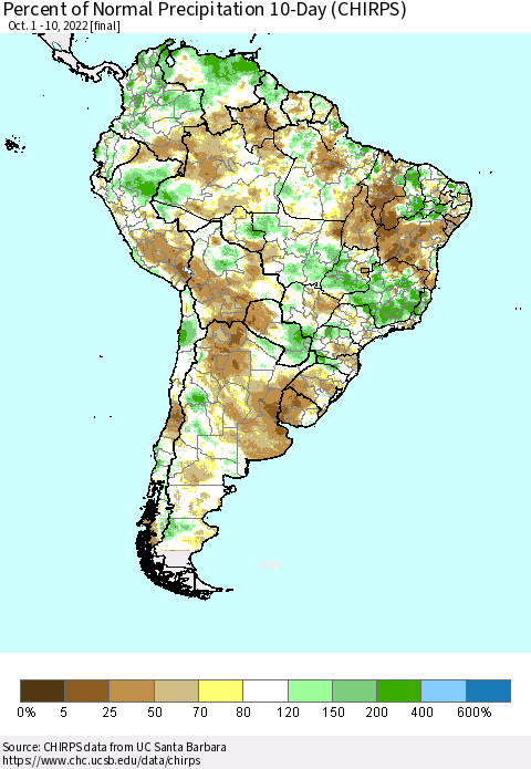 South America Percent of Normal Precipitation 10-Day (CHIRPS) Thematic Map For 10/1/2022 - 10/10/2022