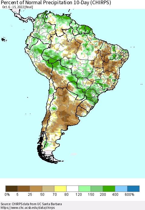 South America Percent of Normal Precipitation 10-Day (CHIRPS) Thematic Map For 10/6/2022 - 10/15/2022