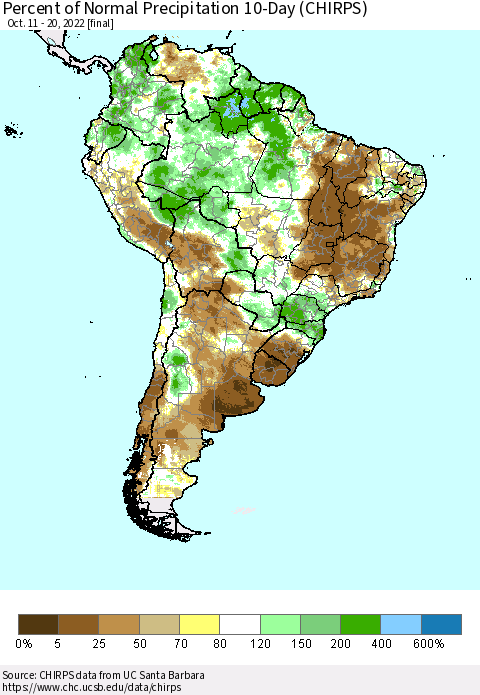 South America Percent of Normal Precipitation 10-Day (CHIRPS) Thematic Map For 10/11/2022 - 10/20/2022