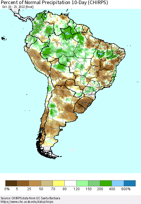 South America Percent of Normal Precipitation 10-Day (CHIRPS) Thematic Map For 10/16/2022 - 10/25/2022
