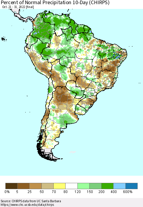 South America Percent of Normal Precipitation 10-Day (CHIRPS) Thematic Map For 10/21/2022 - 10/31/2022