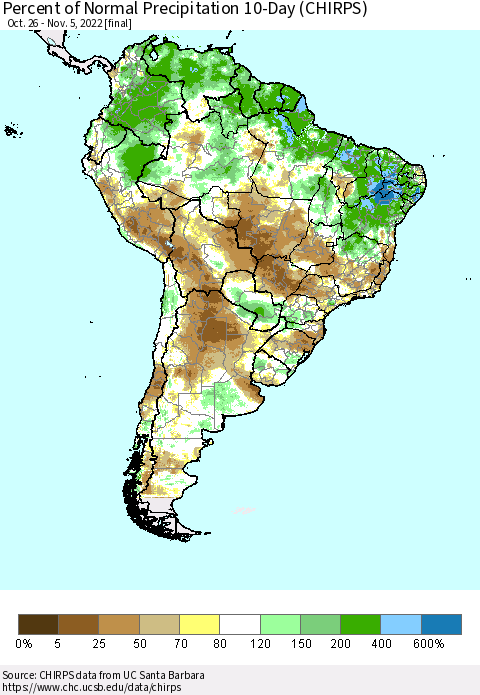 South America Percent of Normal Precipitation 10-Day (CHIRPS) Thematic Map For 10/26/2022 - 11/5/2022