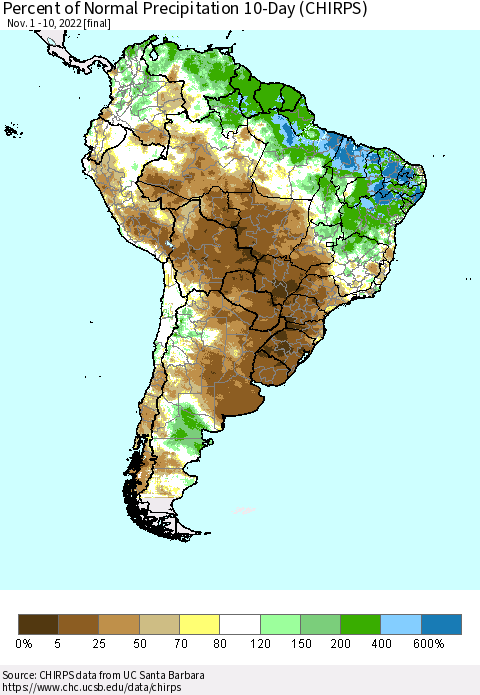 South America Percent of Normal Precipitation 10-Day (CHIRPS) Thematic Map For 11/1/2022 - 11/10/2022