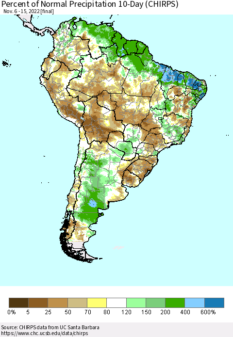 South America Percent of Normal Precipitation 10-Day (CHIRPS) Thematic Map For 11/6/2022 - 11/15/2022