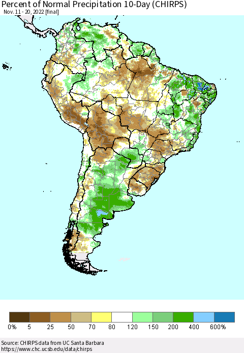 South America Percent of Normal Precipitation 10-Day (CHIRPS) Thematic Map For 11/11/2022 - 11/20/2022