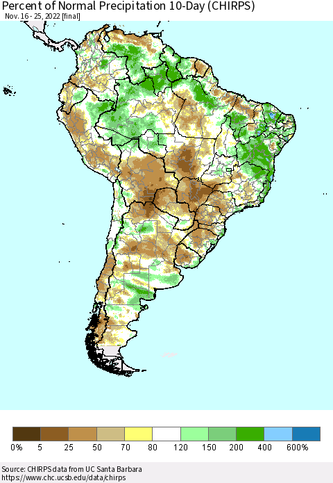 South America Percent of Normal Precipitation 10-Day (CHIRPS) Thematic Map For 11/16/2022 - 11/25/2022