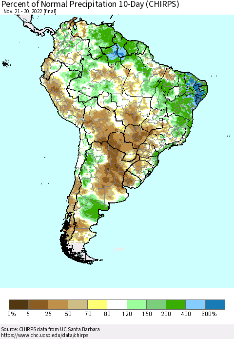 South America Percent of Normal Precipitation 10-Day (CHIRPS) Thematic Map For 11/21/2022 - 11/30/2022
