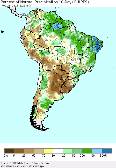 South America Percent of Normal Precipitation 10-Day (CHIRPS) Thematic Map For 11/26/2022 - 12/5/2022