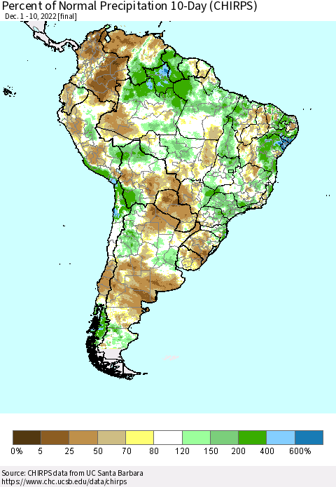 South America Percent of Normal Precipitation 10-Day (CHIRPS) Thematic Map For 12/1/2022 - 12/10/2022