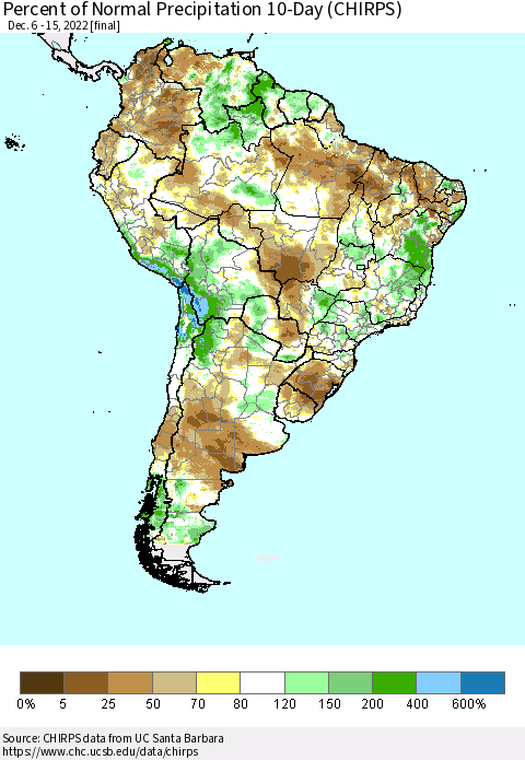 South America Percent of Normal Precipitation 10-Day (CHIRPS) Thematic Map For 12/6/2022 - 12/15/2022