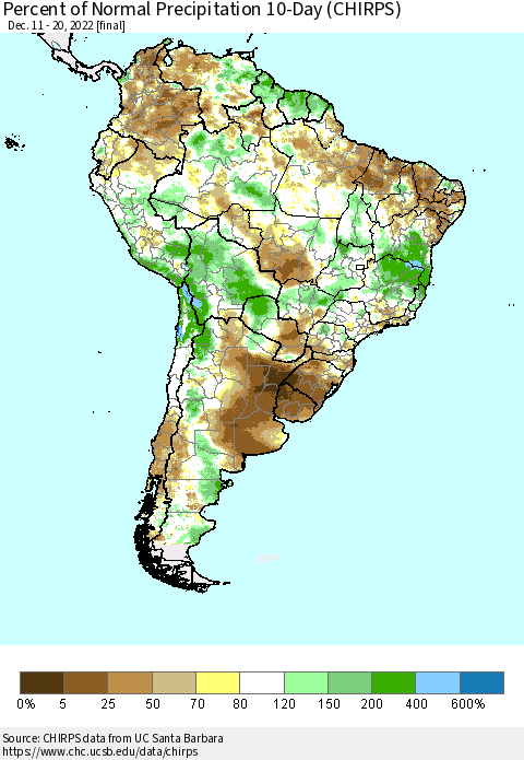 South America Percent of Normal Precipitation 10-Day (CHIRPS) Thematic Map For 12/11/2022 - 12/20/2022