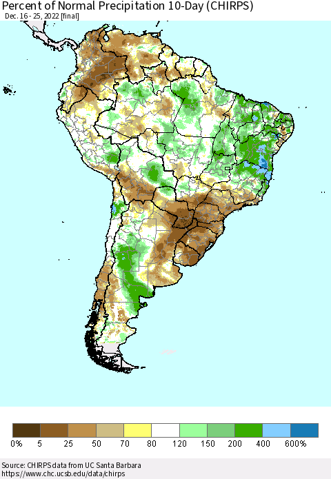 South America Percent of Normal Precipitation 10-Day (CHIRPS) Thematic Map For 12/16/2022 - 12/25/2022