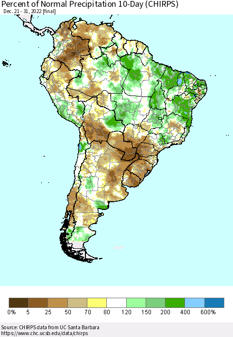 South America Percent of Normal Precipitation 10-Day (CHIRPS) Thematic Map For 12/21/2022 - 12/31/2022