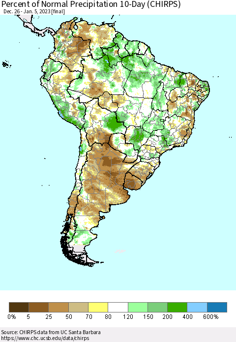 South America Percent of Normal Precipitation 10-Day (CHIRPS) Thematic Map For 12/26/2022 - 1/5/2023