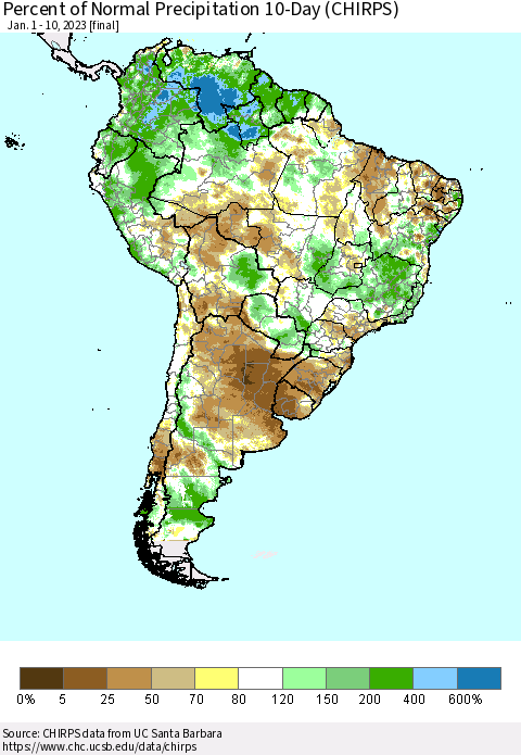 South America Percent of Normal Precipitation 10-Day (CHIRPS) Thematic Map For 1/1/2023 - 1/10/2023