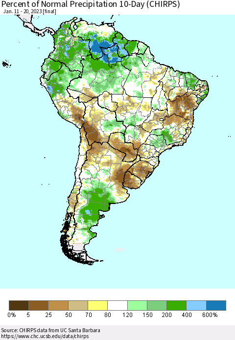 South America Percent of Normal Precipitation 10-Day (CHIRPS) Thematic Map For 1/11/2023 - 1/20/2023