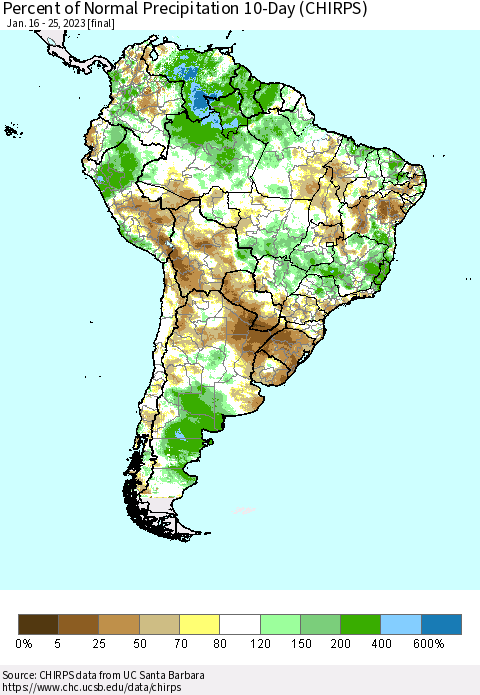South America Percent of Normal Precipitation 10-Day (CHIRPS) Thematic Map For 1/16/2023 - 1/25/2023