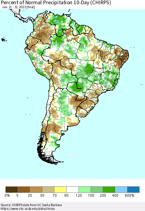 South America Percent of Normal Precipitation 10-Day (CHIRPS) Thematic Map For 1/21/2023 - 1/31/2023