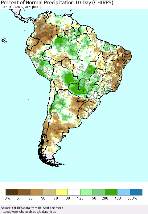 South America Percent of Normal Precipitation 10-Day (CHIRPS) Thematic Map For 1/26/2023 - 2/5/2023
