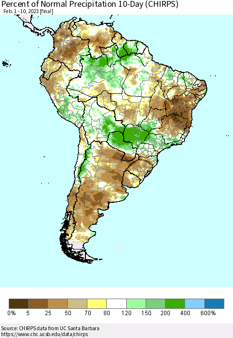 South America Percent of Normal Precipitation 10-Day (CHIRPS) Thematic Map For 2/1/2023 - 2/10/2023