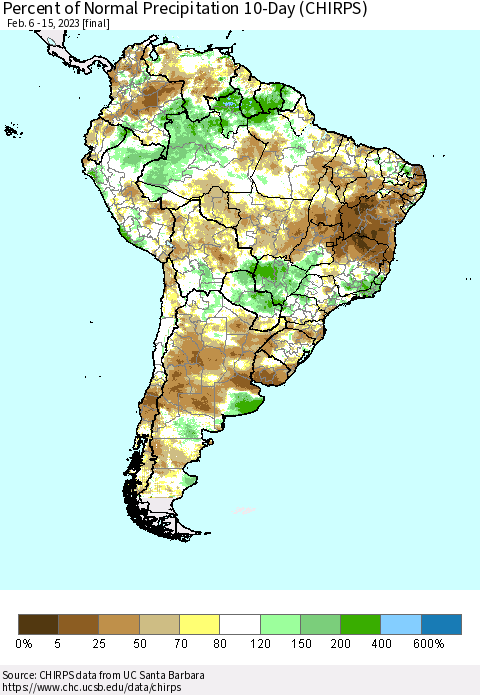South America Percent of Normal Precipitation 10-Day (CHIRPS) Thematic Map For 2/6/2023 - 2/15/2023