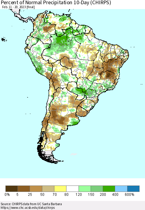 South America Percent of Normal Precipitation 10-Day (CHIRPS) Thematic Map For 2/11/2023 - 2/20/2023