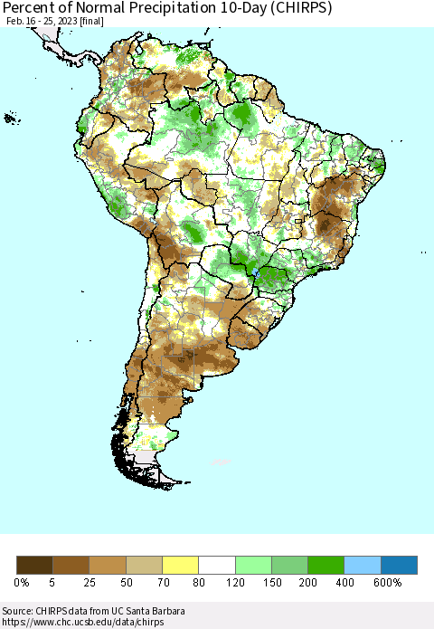 South America Percent of Normal Precipitation 10-Day (CHIRPS) Thematic Map For 2/16/2023 - 2/25/2023