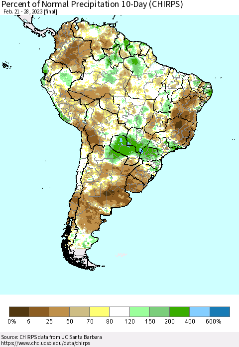 South America Percent of Normal Precipitation 10-Day (CHIRPS) Thematic Map For 2/21/2023 - 2/28/2023